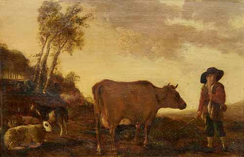 Người chăn cừu với con bò, cừu và dê trước một khung cảnh rộng mở