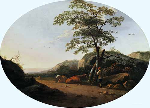 Phong cảnh lúc hoàng hôn với đàn gia súc và người chăn cừu bên cái cây (A landscape at sunset with cattle and a shepherd by a tree)