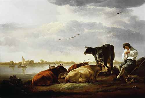 Phong cảnh đàn bò người chăm bò bên dòng sông