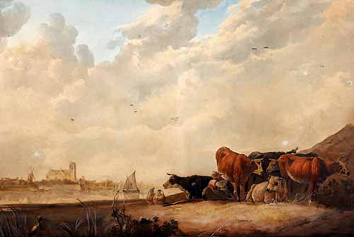 Phong cảnh Hà Lan với đàn gia súc, cối xay gió, nhà thờ và thuyền buồm trên sông