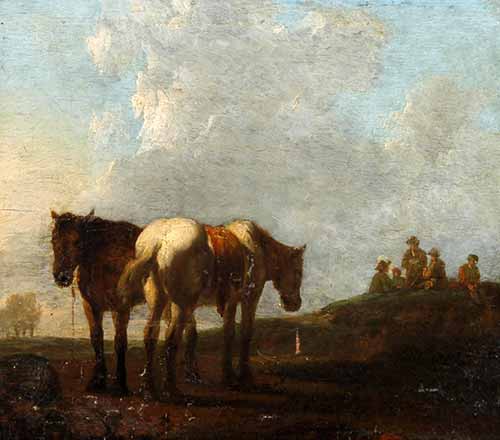 Hai con ngựa và những người trên cánh đồng