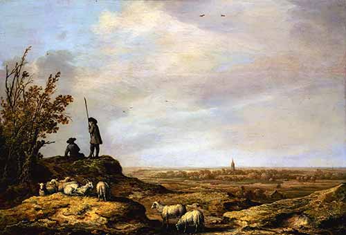Toàn cảnh phong cảnh với những người chăn cừu, cừu và một thị trấn ở phía xa