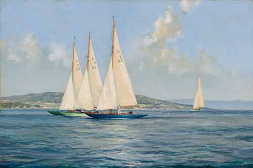 Montague Dawson - Gay Dragons Dragon Class Yachts jockeying for the start on the River Clyde, Scotland