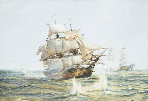 Montague Dawson - The Bristol Privateer Hornet engaging the rich Spanish ship Purissima Conception outward bound from Cadiz, March 1782