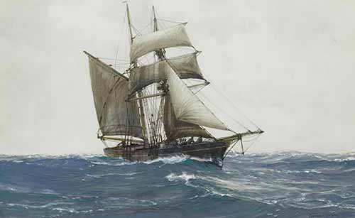 Montague Dawson - The lonely sea - A topsail schooner ploughing through the swell