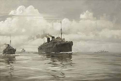 Montague Dawson - A Second World War troopship under destroyer escort