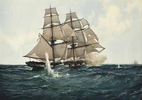 Montague Dawson - Chasing the Slaver: Her Majesty's Brig Acorn in Chase of the Piratical Slave Gabriel, July 6th 1841