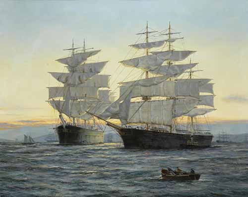Henry Scott - Sundown - San Francisco Bay: The great American clipper Benjamin F. Packard and the British wool clipper Pericles