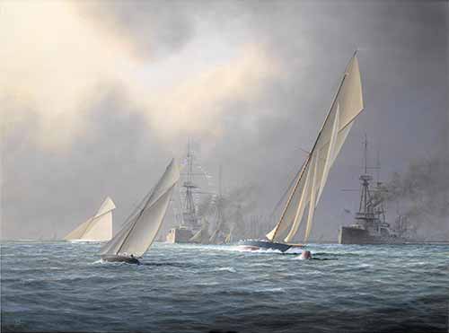 Tim Thompson - Big cutters racing round the mark against a backdrop of a Fleet Review, probably on the occasion of the Coronation of King George V in 1911