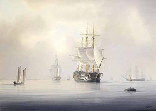 Tim Thompson - Two-deckers drying their sails at anchor in Spithead, with other ships of the fleet beyond