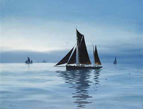 John Russell Chancellor - Becalmed - the Brixham trawler Souvenir and others in a flat calm on a glassy sea