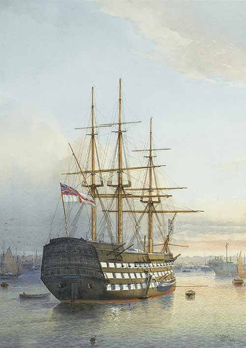 William Frederick Mitchell - Nelson's flagship H.M.S. Victory at her permanent mooring in Portsmouth Harbour , 1886