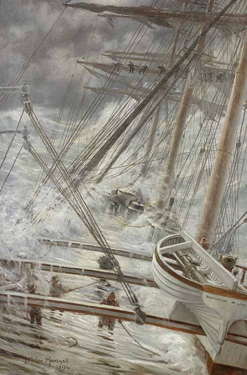 John Miller Marshall - Caught in a cyclone: The Buckingham, with decks awash and sails reefed, battling through a tremendous sea, 1894