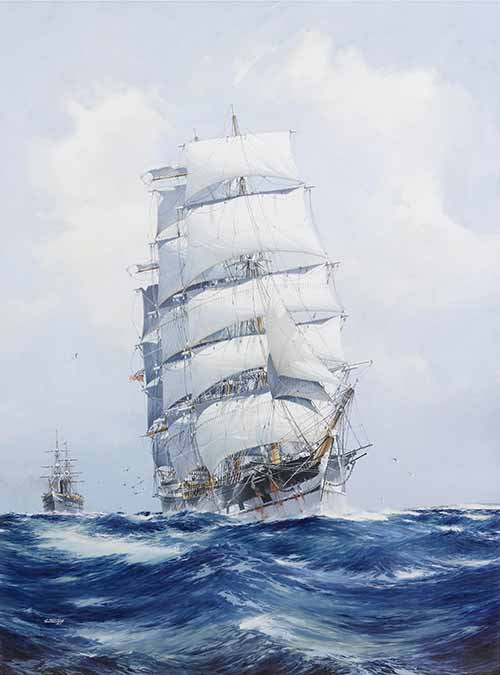 Jack Spurling - The square-rigged wool clipper Argonaut under full sail and running before the wind, with the P.& O. steamer Mooltan in her wake astern, 1925