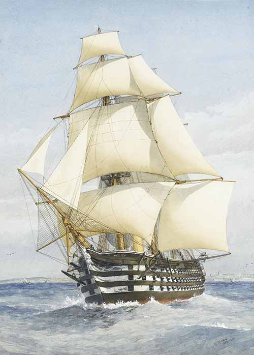 William Frederick Mitchell - The screw three-decker H.M.S. Victoria outward bound under full sail from Valetta, with the ramparts of Grand Harbour receding astern of her, 1887