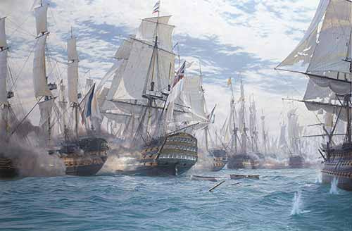 John Steven Dews - The Battle of Trafalgar - H.M.S. Victory breaking the enemy line and raking the stern of the French flagship as she goes through