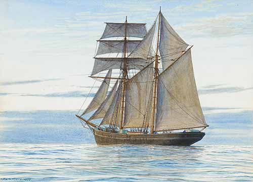 Mark Richard Myers (American, born 1945)Title: The topsail schooner Norseman of Barnstaple drifting in light winds under full sail, 1979