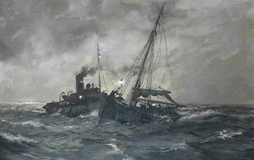 Montague Dawson - The Liverpool tug Calgarth running down and sinking the Fleetwood trawler Victoria II, 29th May 1946