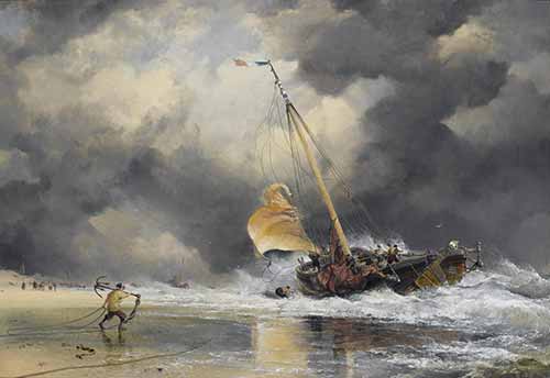 Edward William Cooke - Dutch Boats : Rough Sea with Scheveling pinck getting off shore, 1866
