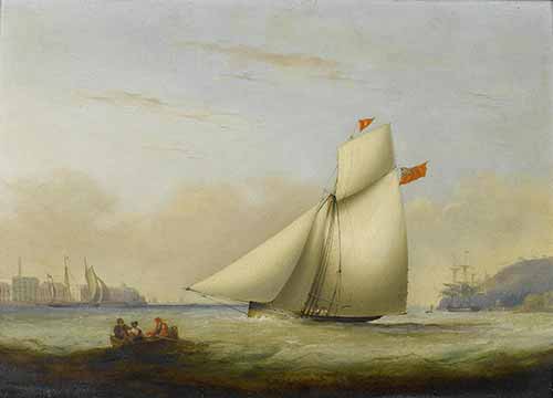 Nicholas Matthew Condy - A racing cutter under full sail running up the Hamoaze past the buildings of the Royal William Victualling Yard at Stonehouse, Plymouth