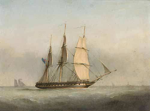 Nicholas Matthew Condy - A 38-gun frigate backing her sails as she prepares to heave-to in the Channel