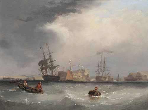 Nicholas Matthew Condy - A Royal Navy brig departing from the Hamoaze with other shipping, including an ancient hulk beyond