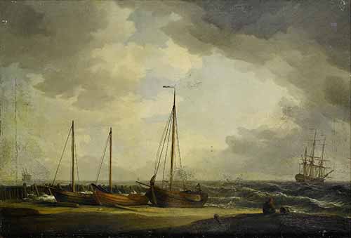 Charles Brooking - Fishing boats on the beach before the incoming tide