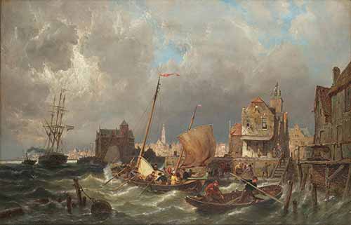 Pieter Cornelis Dommershuijzen - Shipping before a Dutch harbour town, 1887–1887