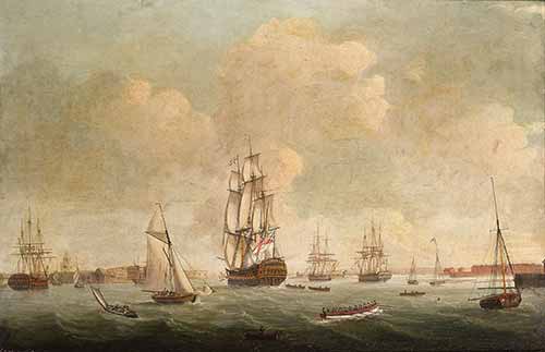 Robert Dodd - A 74-gun third rate heading out of Portsmouth Harbour with other ships of the fleet close-by
