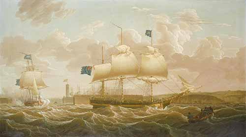 Robert Salmon - A privateer in two positions leaving Whitehaven Harbour, 1801