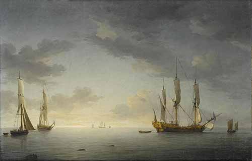Charles Brooking - Sunset. The Royal Caroline in a light air with another yacht and a cutter