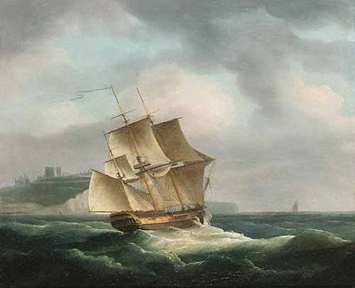 Thomas Whitcombe - A three-masted merchantman beating her way up the Channel past Dover Castle