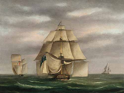 Thomas Whitcombe - In pursuit; A frigate passing Dover Castle
