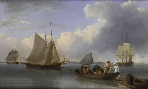 William Anderson - Alighting from the ferry on a calm day, a view of Harwich beyond