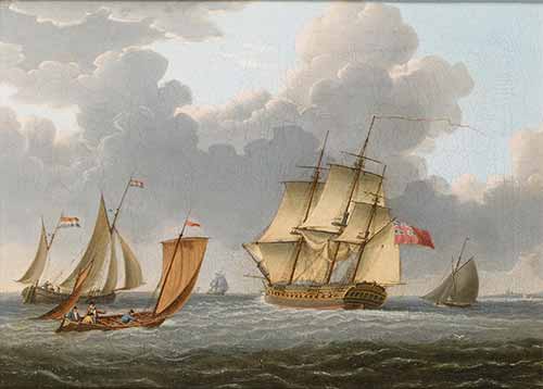 William Anderson - A Royal Navy 32-gun frigate making her way through various small craft off the coast