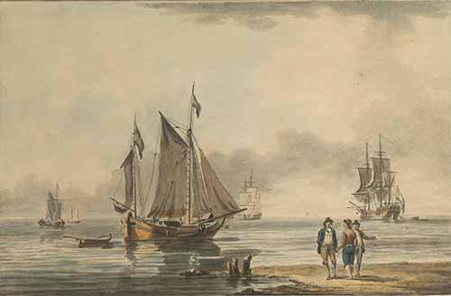 William Anderson - Dutch shipping offshore in a calm, with a passenger-carrying hoy heading out from the shore, 1795–1795