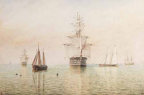 William Frederick Settle - Wooden walls and ironclads - old and new battleships in a calm