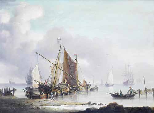 Charles Martin Powell - Dutch hoys and other traditional craft moored inshore, with a warship standing out to sea