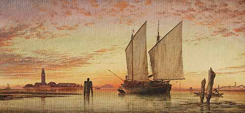 Edward William Cooke - A Trabaccolo waiting for the tide off the Armenian Convent, Lagune of Venice, sunset, 1862–1862