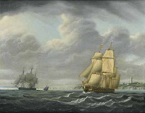 Francis Swaine - A frigate running down the coast with other shipping beyond