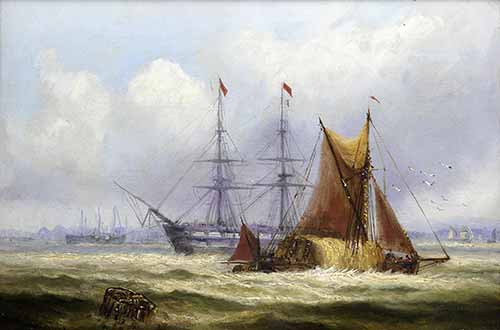 George William Crawford Chambers - A haybarge passing a warship in the Medway with Chatham dockyard beyond