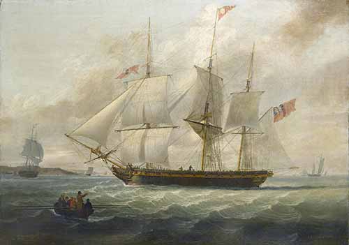 John Jenkinson - A three-masted armed merchantman heaving-to in the Mersey to take on a pilot, 1810