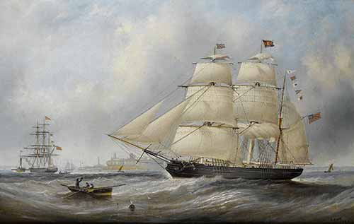 John Scott - The iron barque 'hercules' in two positions off the mouth of the tyne, the two aspects showing her calling for a pilot and under tow, 1863