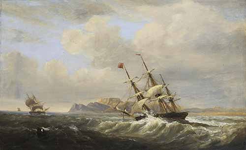 John Wilson Carmichael - A three-masted merchantman in a heavy swell off Camps Bay as she prepares to round
