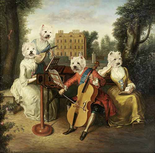 West highland white terriers as a Regency band performing in the gardens of a country house