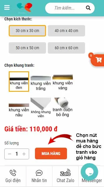 Chọn nút mua hàng để cho tranh vào giỏ hàng