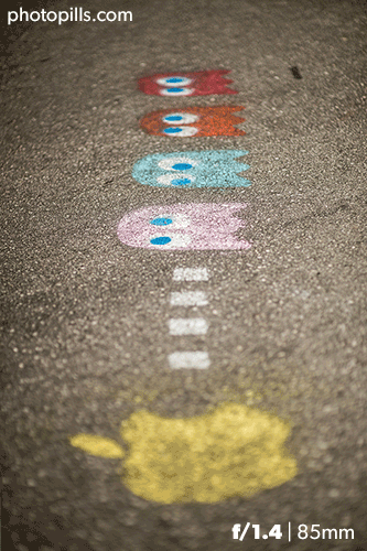 gif hiển thị độ sâu trường vẽ graffiti pacman ở các khẩu độ khác nhau