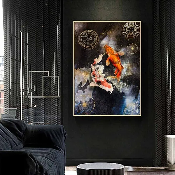 Tranh cá chép trông trăng cầu tài lộc, may mắn và danh vọng cho gia chủ