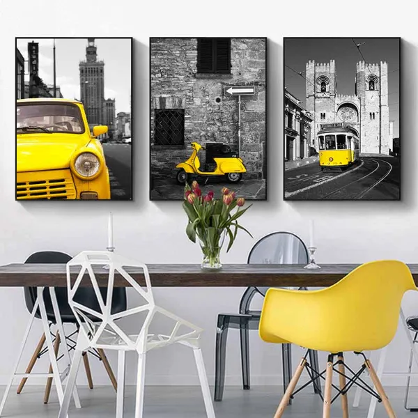 Tranh hiện đại scandinavian ô tô, vespa cổ, tàu hỏa màu vàng trên nền đen trắng