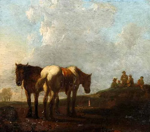 Hai con ngựa và những người trên cánh đồng